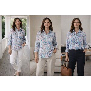 Talbots XL/P Paisley Button Down Shirt Blue Pink Comfy Classic Coastal